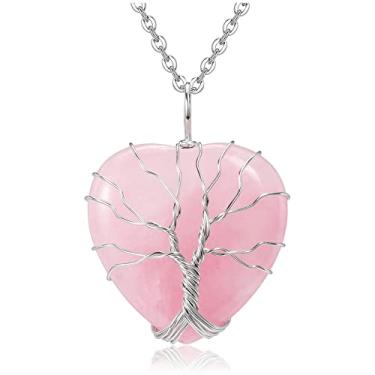 Imagem de Colar de cristal cura de quartzo rosa natural da Top Plaza Árvore da Vida Pingente de pedra em formato de coração envolto em arame para mulheres e meninas, Rose Quartz, No Engraving, 1