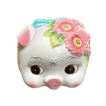 Imagem de FORLONG Cofrinho de cerâmica para meninas, cofrinho de moeda, caixa de dinheiro, design de porco de girassol pintado à mão (rosa e girassol, pequeno)