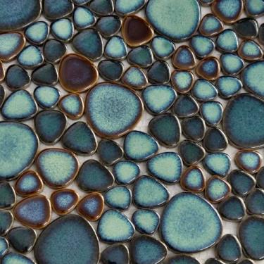 Imagem de Azulejo de porcelana para banheiro Backsplash em forma de coração azul marrom misto mosaico de cerâmica esbranquiçada e azulejos de parede e piso (1,8 metros quadrados)