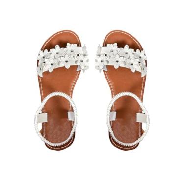 Imagem de Verdusa Sandálias femininas de verão com flor de couro e tira no tornozelo, Branco liso, 35
