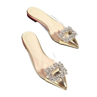 Imagem de Floerns Sapatilha feminina com strass transparente, bico fino, bico fino, costas nuas, Dourado, 40