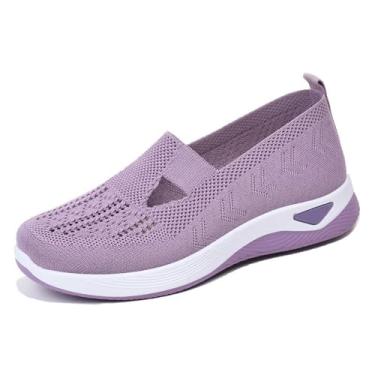 Imagem de Legou Sapatos de malha casuais femininos primavera respirável e confortável sola macia de meia-idade e idosos, Roxo claro, 6.5 UK