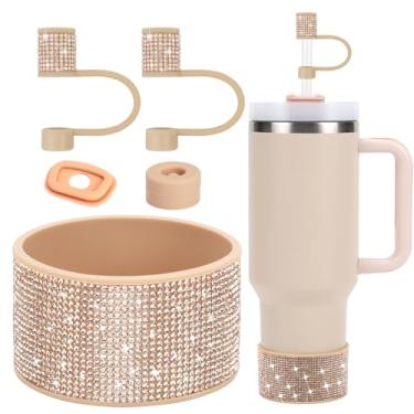 Imagem de Conjunto de acessórios para copo Stanley de strass, incluindo capas de canudo brilhante de 1 cm, tampa à prova de derramamento, bota de silicone com glitter de diamante para acessórios Stanley 1,134 g
