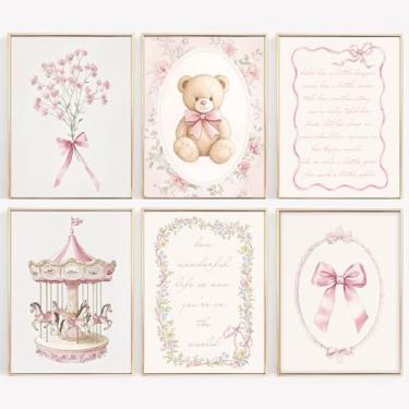 Imagem de Arte de parede de berçário rosa para decoração de parede de bebê menina imagens de quarto de meninas vintage impressões de berçário pôster infantil arte de urso fofo pintura de arco floral para quarto