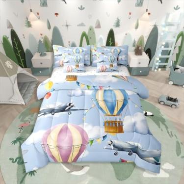 Imagem de Erosebridal Jogo de edredom Queen com desenho animado de avião, 7 peças, balão de ar quente, macio, para crianças, meninos e meninas, lençol com elástico para quarto, lençol com elástico e nuvem