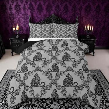 Imagem de jejeloiu Conjunto de edredom de gato preto para adultos, vintage, boêmio, damasco, floral, estilo barroco, para meninos, meninas, adolescentes, temática de Halloween, edredom para decoração de quarto