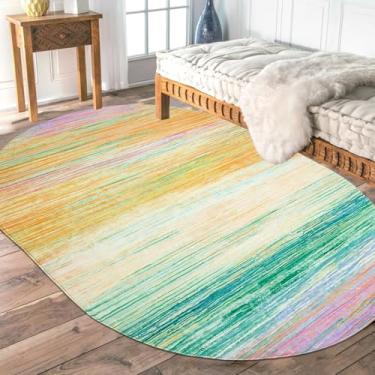 Imagem de USTIDE Tapete multicor, oval, 1,8 m x 1,8 m, lavável, macio, para quarto de crianças, tapete oval listrado colorido para quarto/sala de estar/quarto de meninas
