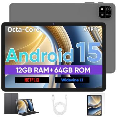 Imagem de Tablet Android 15, tablets de 10 polegadas com processador Octa-Core, 12GB RAM 64GB ROM 2TB Expand, 1280x800 HD Touchscreen, GPS, WiFi 5, câmera dupla, BT5.0, 6000mAh, tablet PC Widevine L1 (preto)