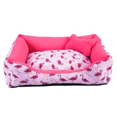 Imagem de Cama Caminha Pet para Cachorro ou Gato Médio 60cm x 47cm Lavável com Fundo Impermeável + Ossinho (Flamingo)