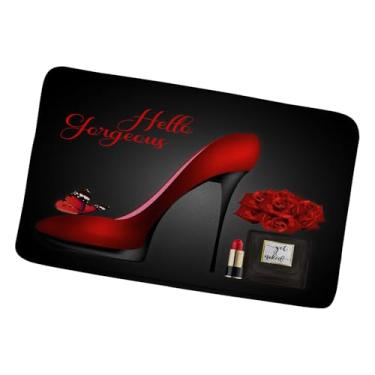 Imagem de Tapete de banho floral borboleta Hello Gorgeous Fashion Girl frasco de perfume preto batom rosa floral romântico amante tapetes banheiro quarto cozinha piso interno 18 x 29,5 polegadas