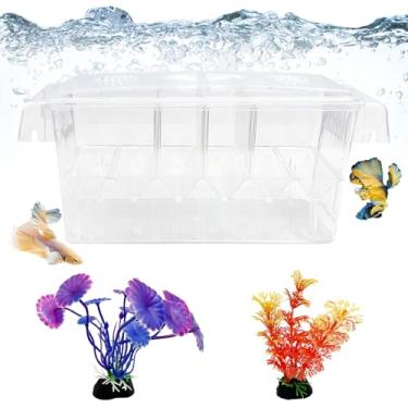 Imagem de Tfwadmx Caixa de criação de peixes – Criador de aquário HD de 4 quartos com ventosas, caixa de isolamento de incubadora de acrílico para incubadora de bebês, planta artificial para incubadora de guppy