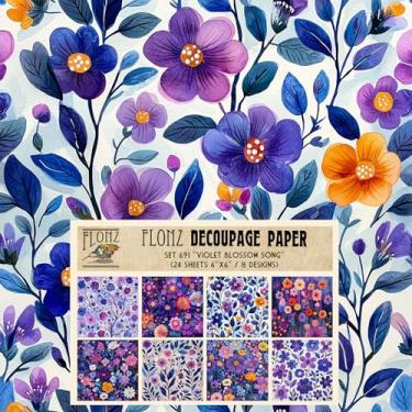 Imagem de Pacote de papel de decoupage (24 folhas 15 x 15 cm) Canção de flor violeta ~ designs florais s roxo-rosa com textura de pincel digital e padrão inspirado em camadas folk