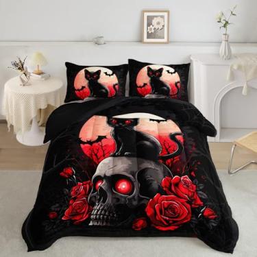 Imagem de AILONEN Jogo de cama solteiro com estampa de gato preto, caveira gótica, rosa vermelha e preta, lua e gato, edredom macio com 2 fronhas, 3 peças