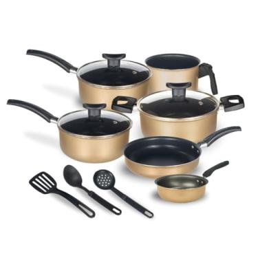 Imagem de Jogo de Panelas 9 Peças Antiaderente com Tampa de Vidro da cor BEGE – Revestimento Teflon, Alças Resistentes, Cozinha Completa