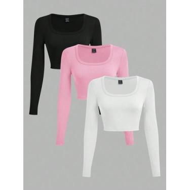 Imagem de 3 Peças/Conjunto Camisetas Cropped de Manga Longa com Gola em U Minima