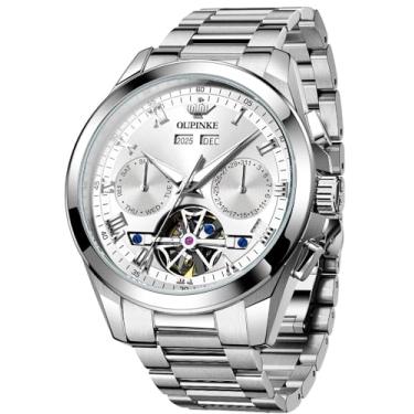 Imagem de OUPINKE Relógio de pulso masculino automático, cristal de safira, calendário, esqueleto, luminoso, mostrador 3D com pulseira de aço de tungstênio de luxo à prova d'água 5 ATM, Branco