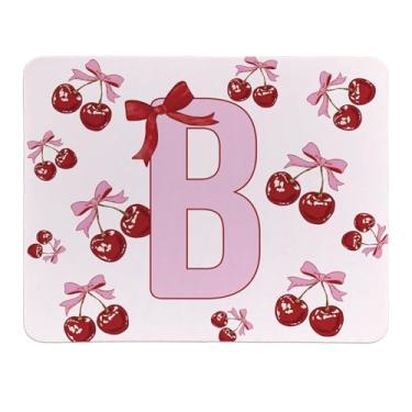 Imagem de Rusenbao Lindo mouse pad de cereja personalizado, pequeno e fofo coquete rosa com laço para mulheres e meninas, mousepads iniciais personalizáveis para laptop, computador, escritório, 24 x 19 cm