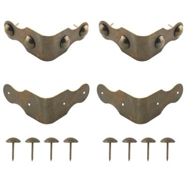 Imagem de ZZLZX 4 peças de suportes de canto de caixa de madeira de latão 16 pregos de cobre canto redondo antigo cobre retrô caixa de madeira acabamento de canto ângulo reto 5 x 5 x 2,3 cm para móveis de