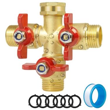 Imagem de Divisor de mangueira de 3 vias de fluxo total, válvula divisor de mangueira de jardim de latão sólido com alça de metal, divisor de torneira de alto fluxo resistente com válvula de corte, divisor de