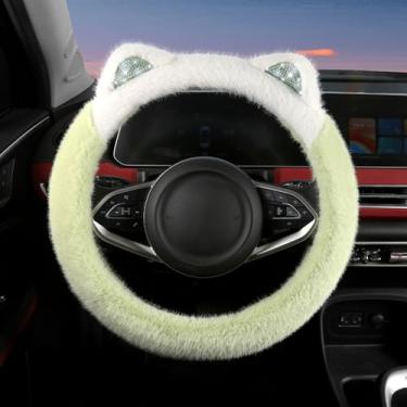 Imagem de Lindo protetor de volante com brilho nas orelhas, pelúcia macia e fofa para aquecer o inverno, ajuste universal de 38 cm para carro, SUV, elástico e antiderrapante (verde)