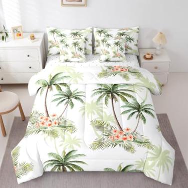 Imagem de Erosebridal Conjunto de edredom queen com palmeira, vintage, flor vermelha, 7 peças, havaiano, folhas tropicais, pétalas, ramos verdes, cama em uma bolsa