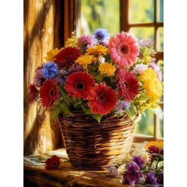 Imagem de PUAGEMTI Gerbera Kit de pintura de diamante buquê de margaridas, kits de arte de flores e diamantes para adultos, pintura com diamantes redondos para presente decoração de parede 5D, presentes de arte