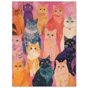 Imagem de OMANI Arte de parede de animal de gato fofo rosa preppy moderno colorido gato pôster dopamina kitsch impressões em tela estética para sala de estar banheiro decoração de parede 30,5 x 40,6 cm sem