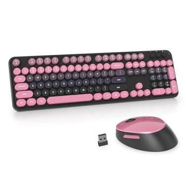 Imagem de Ussixchare Teclado e mouse rosa sem fio, lindo combo de teclado e mouse, teclado de máquina de escrever de tamanho completo com teclado numérico, teclado colorido para PC, laptop