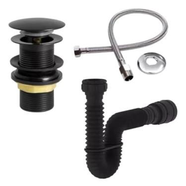 Imagem de Kit Válvula Click Preta Lavatório Cuba Sifão Sanfonado Universal Extensivo Preto Engate 40 cm inox trançado Rabicho