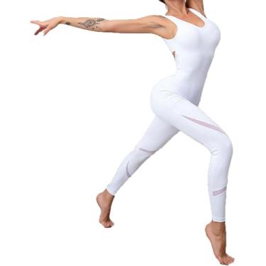 Imagem de Mulheres 2 Peças Roupas Esportivas One Piece Yoga Macacões Leggings Sexy Recorte Costas Bodycon Romper Butt Lift Calças Compridas Playsuit Workout Gym Suit Lady Trendy Fit, White, L