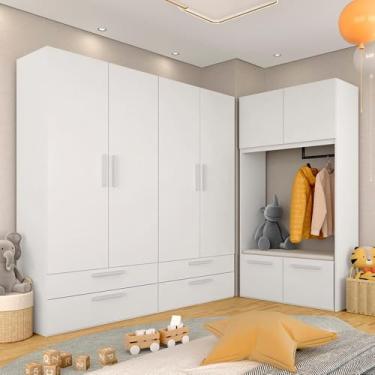 Imagem de Guarda Roupa Infantil 8 Pts 4 Gav E Puff Baú Joy Branco/l.bege - M.a Branco/linho Bege