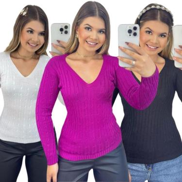 Imagem de Kit 3 Blusas FMF Femininas Suéter Malha Tricô Manga Longa-Feminino