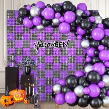 Imagem de 12 peças de fundo de parede preto roxo brilhante, painel de fundo de foto quadrado de lantejoulas, fundo de parede com glitter para aniversários, casamentos, Natal, noivados, decoração de festa de