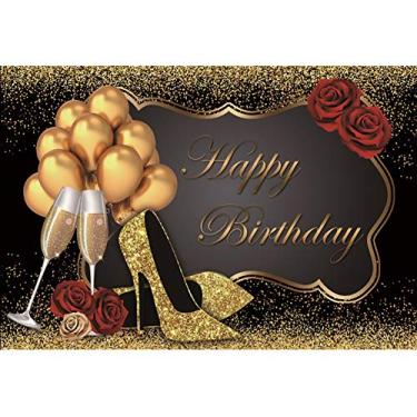 Imagem de Yeele 2,1 x 1,5 m fundo de feliz aniversário dourado preto balões de glitter ouro rosa vermelho salto alto taça champanhe elegante fundo de foto de aniversário para menina senhora decoração de festa