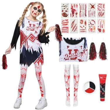 Imagem de Kicpot Zombie Cheerleader Costumes Scary Halloween Costumes for Girls Bloody Dress Fearleader Girls Horror Cosplay 7-12Y (7-8Years)