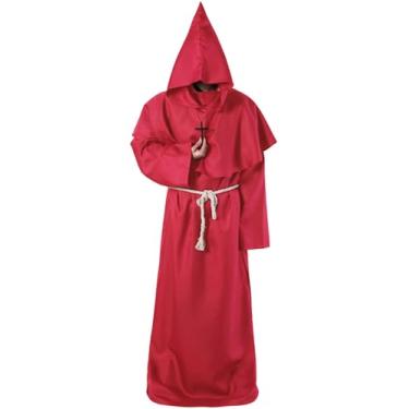 Imagem de ODIZLI Fantasia de frade masculina roupão de monge medieval renascentista sacerdote colar fantasia cosplay Halloween fantasia adulto capa longa, Vinho tinto, X-Large
