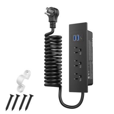 Imagem de Tomada de gaveta de móveis (listado em ETL), saídas CA com design resistente à violação, régua de alimentação embutida com 3 portas USB PD 20W, carregamento rápido e 3 saídas CA, cabo de mola de 1,5 m