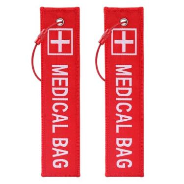 Imagem de Pacote com 2 etiquetas de alerta médico vermelhas bordadas de emergência para bagagem (5,1 x 1,81 polegadas) para CPAP/suprimentos para diabéticos, acessórios de viagem com 2 chaveiros de arame