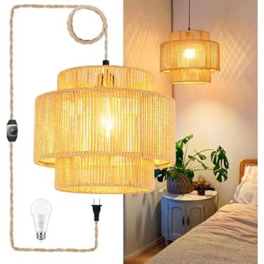 Imagem de QIYIZM Luminária pendente de plugue com cabo plug-in lâmpada suspensa Boho Rattan regulável vime bambu trançado sombra cânhamo corda luminária de teto para sala de estar quarto cozinha