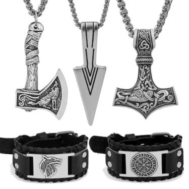Imagem de Conjunto de joias viking masculinas, conjunto nórdico de 5 peças — 3 colares (Mjolnir, machado viking, ponta de lança) e 2 pulseiras viking com designs de runas/bússola