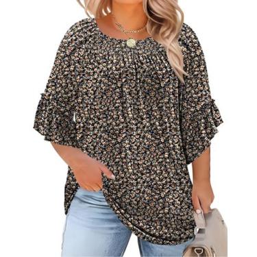 Imagem de Blusa feminina Micoson Plus Size 3/4 com babados preta floral