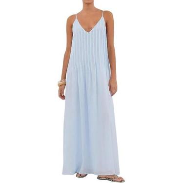 Imagem de Vestido maxi Yeenily Summer plissado com decote em V sem mangas azul