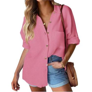 Imagem de Camisa feminina HOTOUCH de linho com botões rosa rosa algodão GG