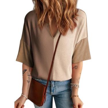 Imagem de Top Dokotoo Waffle Knit Loose Plus Size com decote em V marrom para mu