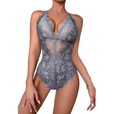 Imagem de Bodysuit de lingerie Snap Crotch, renda, decote em V profundo, cinza p