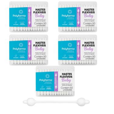 Imagem de kit 5 Caixas Cotonete Para Bebês Hastes Flexíveis Polyfarma 250 Unidades