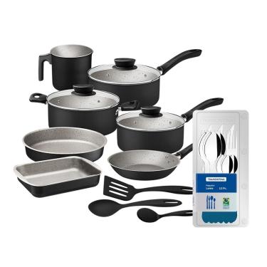 Imagem de Conjunto de Panelas 10 Peças Tramontina Linz Starflon Max Preto + Faqueiro 12 Peças Tramontina Leme Azul