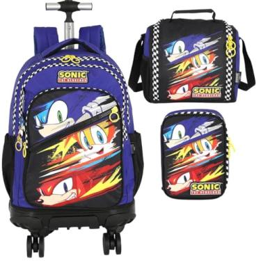 Imagem de Mochila Infantil Rodinhas Sonic com Lancheira e Estojo 100 Pens Azul