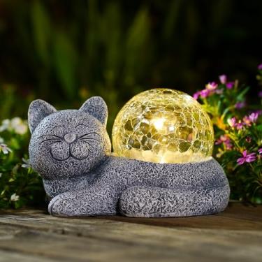 Imagem de Fashionoda Luzes solares de estátua de jardim de gato para decoração ao ar livre com vidro rachado, estatueta de LED, iluminação de resina, decorações de gato suculento, pátio, gramado, quintal