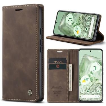 Imagem de Phernykas Capa carteira flip para Google Pixel 8A, capa fólio magnética de couro com suporte para cartão, suporte durável - capa protetora de telefone TPU à prova de choque - café